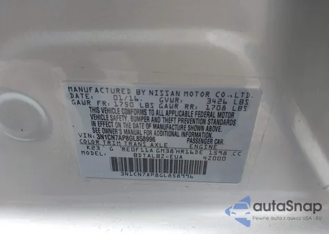 2016 Nissan Versa 1.6 Sv from USA, damaged, VIN 3N1CN7AP8GL858996